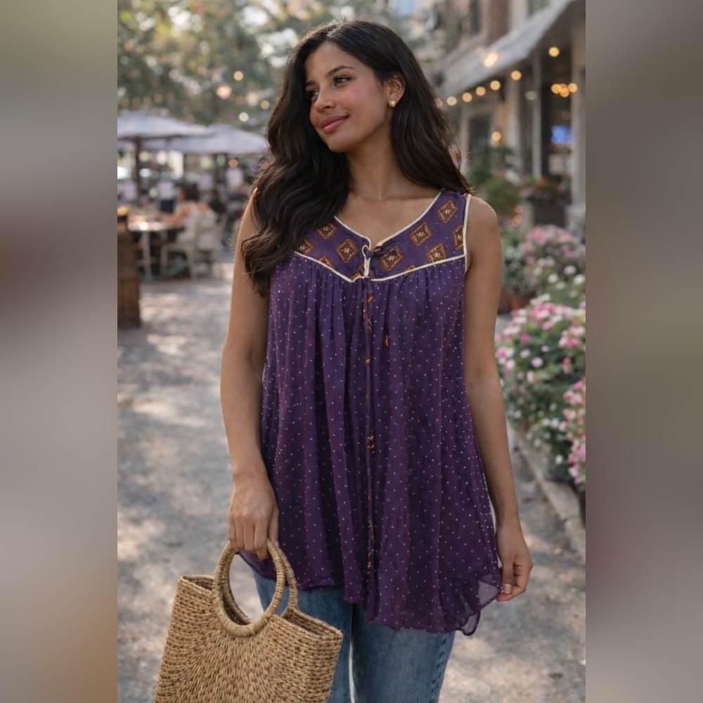 ECI New York Purple Boho Sleeveless Blouse Size 16 | Sheer Polka Dot Tunic Top